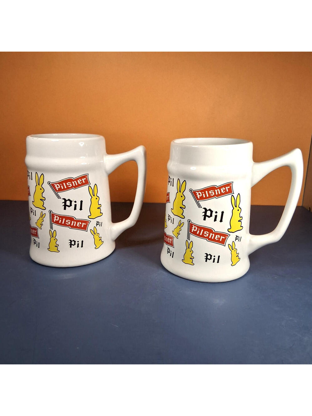 2 Vintage Pilsner Ceranic Yellow Rabbit White Beer Stein/Mug